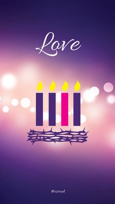 three candles with the word joy written on them in front of a purple and pink background