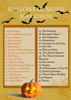 a halloween movie marathon with pumpkins and bats