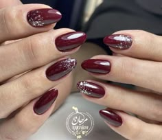 Nail Art Maroon Glitter, Maroon Nails Simple, Nail Maroon, Mehroon Nail Extensions, Maroon Nail, Maroon Nail Ideas