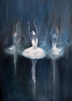 three ballerinas in white tutus are reflected in the water with their arms stretched out