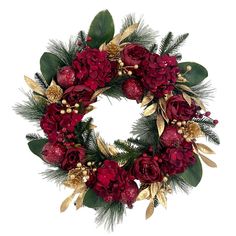 a christmas wreath with red flowers and greenery