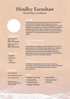 a professional resume is shown with an orange and pink background, as well as the words on