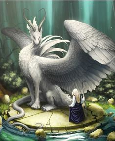 a white dragon sitting on top of a rock next to a woman