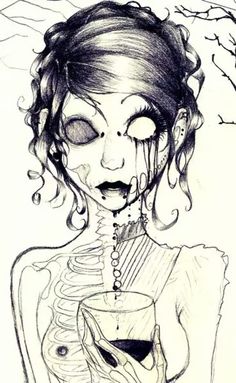 a drawing of a woman holding a cup with her face covered in blood and dripping water