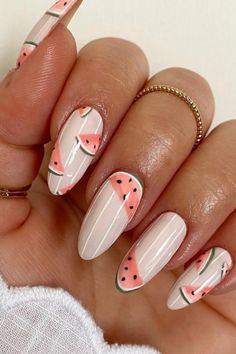 Watermelon Nail Designs, Watermelon Nail Art, Watermelon Nails, Nail Tattoo, Summer Nails Colors, Summer Nail, Chic Nails, Short Acrylic Nails