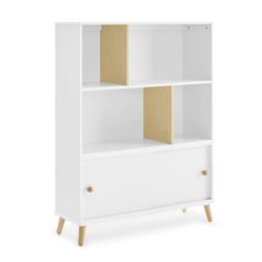 a white bookcase with two wooden shelves on one side and an open drawer on the other