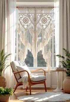 a chair sitting in front of a window next to a potted plant