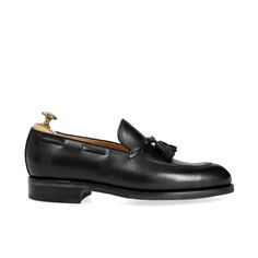 MENS TASSEL LOAFERS IN BLACK BOX CALF Luxury Black Plain Toe Tassel Loafers, Luxury Black Tassel Loafers With Plain Toe, Black Moc Toe Tassel Loafers With Goodyear Welt, Black Goodyear Welted Moc Toe Tassel Loafers, Black Tassel Loafers With Goodyear Welting For Galas, Black Goodyear Welted Tassel Loafers For Galas, Classic Black Tassel Loafers, Black Classic Tassel Loafers, Timeless Black Tassel Loafers With Brogue Detailing