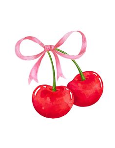 two cherries tied with a pink ribbon and bow, watercolor on white paper