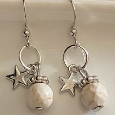 Handmade Stone & Star Silver Design Dangle Earrings. Unique And Lightweight! New! White Sterling Silver Earrings With Star Charm, White Star Charm Earrings As Gift, White Star-shaped Earrings With Star Charm, White Star-shaped Nickel-free Earrings, Star Silver, Silver Design, Earrings Unique, Earrings Color, Jewelry Handmade