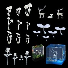 a collection of different types of mushrooms and deer figurines are shown in front of a black background