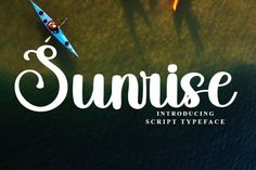 an aerial view of two people in kayaks on the water, with the words sunrise above them