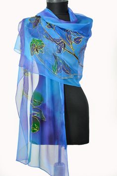 Hand painted silk Scarf/Painting silk/Blue floral silk chiffon | Etsy Elegant Hand Painted Blue Silk Scarf, Elegant Hand Painted Blue Scarves, Elegant Blue Hand Painted Scarves, Artistic Silk Scarves For Weddings, Artistic Silk Scarves For Wedding, Elegant Hand Painted Silk Scarf For Spring, Artistic Silk Wedding Scarves, Scarf Painting, Blue Winter Wedding