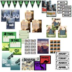 an assortment of posters, banners and other items