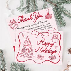 two christmas cards with the words thank you on them