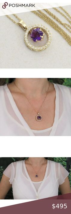 Pendant Only 14k Yellow Gold Natural Purple Amethyst and Diamond Pendant 3 Carat, Purple Amethyst, Diamond Pendant, Hallmark, 4 Inch, Amethyst, Gems