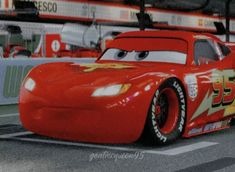 the character cars from disney pixar are driving in front of each other