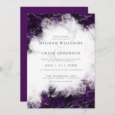 an elegant purple and white wedding card with the words together on it, in front of a marble background