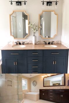 there are two sinks and mirrors in the same bathroom, one is dark blue with gold trim