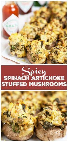 spinach artichoke stuffed mushrooms on a plate with sauces in the background