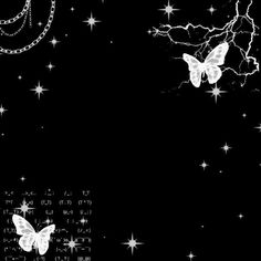 two butterflies flying in the night sky with stars and chains hanging from it's sides