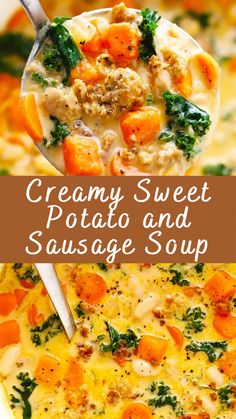 creamy sweet potato and sausage soup in a white bowl