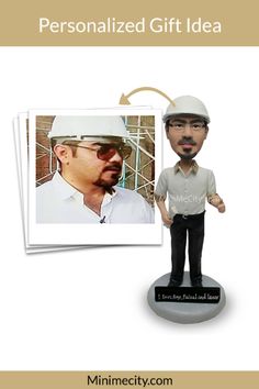 a personalized bobble head is shown with an image of a man wearing a hard hat