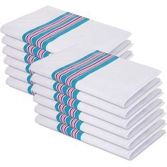 a stack of white napkins with blue and red stripes on the edges, set of 10