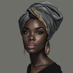 an african woman wearing a turban with gold earrings on her head and black dress