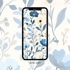 an iphone case with blue flowers on it and the words suju art written in black