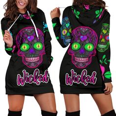 Wicked Skulls Hoodie Dress with Roses and Sugar Skull Art – BreakTheRulez  Black dress with neon colored sugar skulls and roses. This hoodie dress is a must have for skull lovers!  #hoodies #hoodie #dresses #skull #skulls #skullart Dress With Roses, Skull Hoodie, Dress Gift, Skull Art