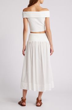 This brunch-ready set kicks up the cuteness factor with an off-the-shoulder top and a matching midi skirt built with a wide waistband for enhanced comfort. 12" center front length; 34" skirt length (size Large) Top has off-the-shoulder neck; short sleeves Skirt is pull-on style Top is 96% cotton, 4% spandex; skirt is 100% cotton with 96% cotton, 4% spandex waistband Machine wash, tumble dry Imported White Fitted Cropped Skirt, Fitted Gathered Maxi Skirt For Day Out, Fitted Cropped Dress For Day Out, Chic Cropped White Skirt, Cropped Summer Bottoms For Daywear, Brunch Midi Length Gathered Maxi Skirt, Cotton Maxi Skirt For Summer Brunch, White Cropped Bottoms For Daywear, Flowy Maxi Skirt For Summer Brunch