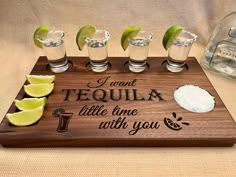 "I want Tequila little time with you  Handmade and personalized tequila gift.  Great gift for the person or couple who have everything and loves Tequila!  This personalized hardwood tequila shot board will be a great addition to any home bar.  Perfect for housewarming, as a couples gift, birthday, engagement, wedding, anniversary, or retirement gift!  You choose whether you want a walnut or maple hardwood shot board.  Check out the rest of our tequila boards as well as our whiskey shot boards at Tequila Board Ideas, Shot Board, Tequila Gift, Gift For Bride And Groom, Tequila Bar, Wedding Gift For Bride, Wedding Gifts For Bride And Groom, Router Cnc