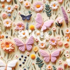 colorful butterflies and flowers on a white surface