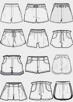 different types of shorts for men and women, all drawn in black ink on white paper