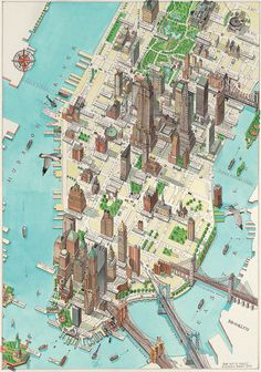 an illustrated map of the city of new york, with all its buildings and streets