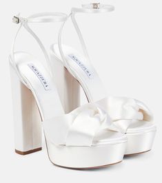 Olie 140 Satin Platform Sandals in White - Aquazzura | Mytheresa Satin Sandals With Wrapped Heel, White Satin Evening Sandals, White Satin High Heels, Irina Jelavic, Dr Shoes, Cute Shoes Heels, Fancy Shoes, Shoe Inspo, Aesthetic Shoes