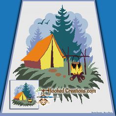 a cross stitch pattern with a tent and monkey in the woods, next to it is an image of a campfire