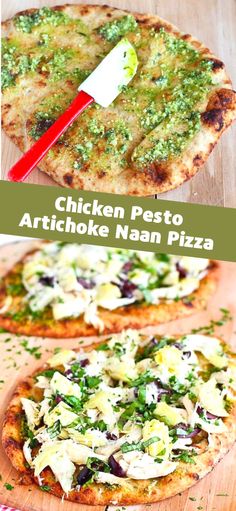 chicken pesto artichoke naan pizza on a cutting board