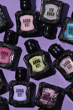 Nail Polish Nail Art Nail Polish, Anna Sui Aesthetic, Cute Nail Polish Bottles, Skull Nail Polish Bottle, Anna Sui Makeup Packaging, Purple Nailpolish Aesthetic, New Nail Colors, Nail Polish Bottle, Boutique Inspiration