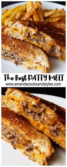 grilled cheese and meat sandwich cut in half on a white plate with the words, the best patty melt