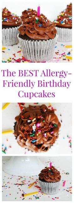 the best allergy - friendly birthday cupcakes with chocolate frosting and sprinkles