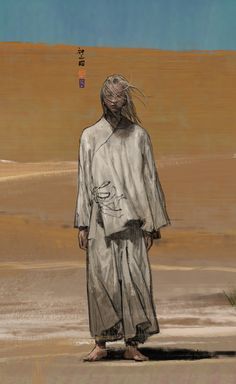 a drawing of a man standing in the desert with his head turned to the side