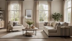 a living room with two couches, chairs and a coffee table in front of three windows