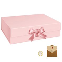 a pink gift box with a bow on the front and envelope in the back side