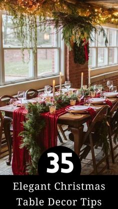 the table is decorated with greenery and candles for christmas dinner tables are arranged in rows