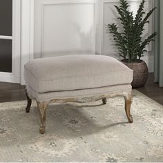 a bench sitting on top of a rug next to a plant in a living room