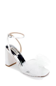 Badgley Mischka Collection Tess Ankle Strap Sandal (Women) | Nordstrom Bride Heels, Elegant Sandals, Strap Sandals Women, Metallic Sandals, Wedding Bows, Block Heels Sandal, Sandal Women, Badgley Mischka, Soft White