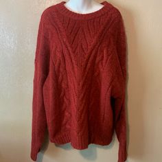 Acrylic Polyester Armpits 30” And Length 29” Red Relaxed Fit Sweater For Winter, Red Relaxed Fit Winter Sweater, Red Relaxed Fit Sweater For Fall, Red Cable Knit Crew Neck Top, Light Blue Cardigan, Fuzzy Pullover, Funnel Neck Sweater, Leopard Print Sweater, Blue Knit Sweater