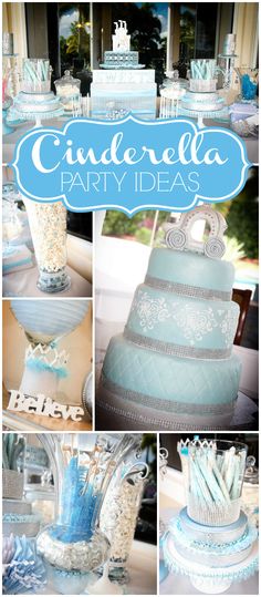 a collage of photos with blue and white cake, candy bars, and candies